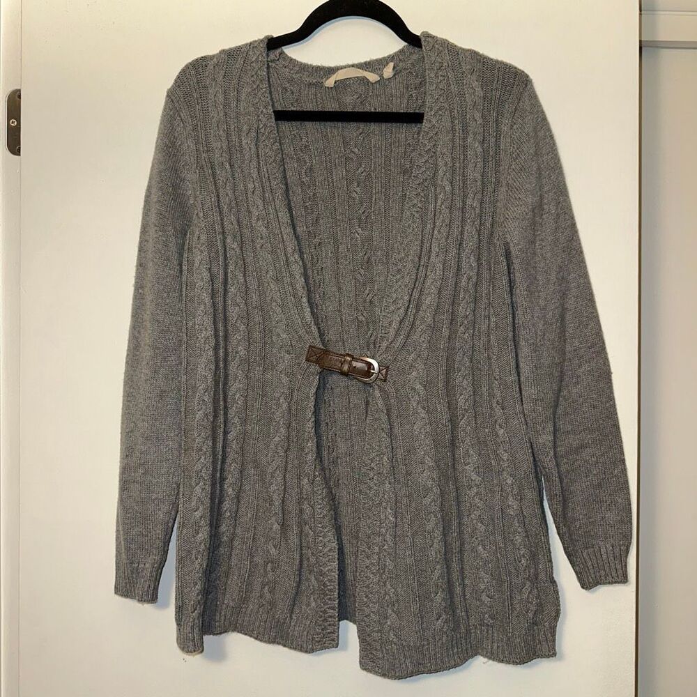 Soft Surroundings Women’s XS Wren Cable Knit Belted Cardigan Sweater Gray GUC